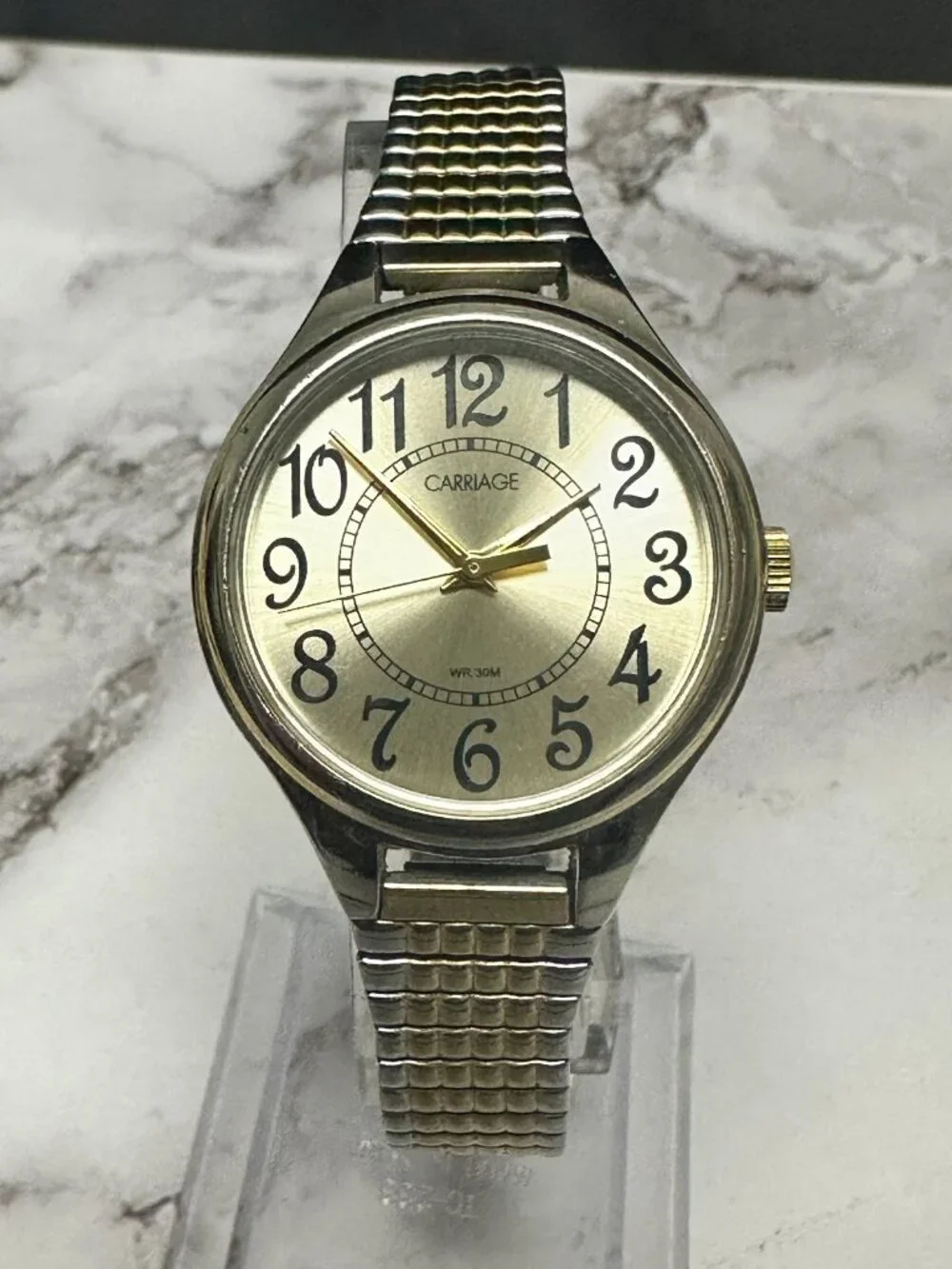 3/$30 Carriage Watch Women Silver Gold Two Tone Stretch Band Easy To Read